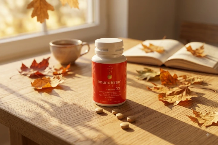 Flacon d'ImunoBran® PLUS vitamine D3 sur une table en bois avec des feuilles d'automne